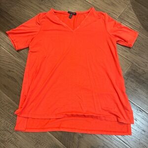 Eileen Fisher XS Petite Coral Tunic T-shirt Top Short‎ Sleeve V Neck Layered Hem